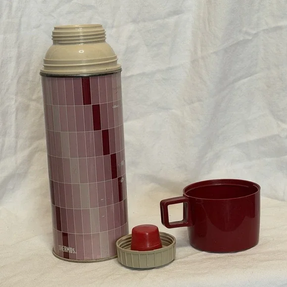 Vintage Metal 1970's Thermos Pink Metal glass w Cup Stopper 722 check plaid - Picture 5 of 9